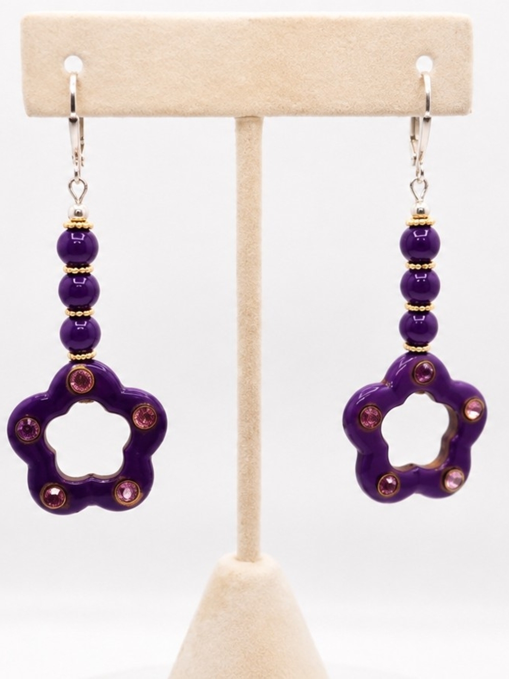 Purple Flower Drop Earrings with Pink Gem Accents